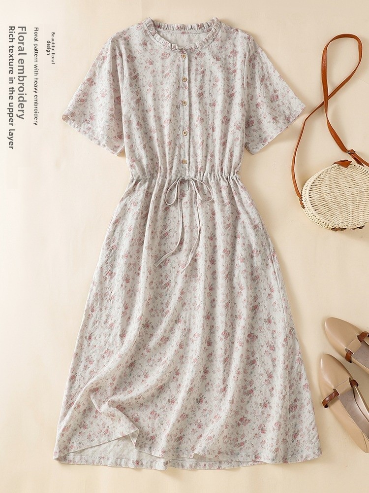 Korean Style A Line Shirt Dress - Summer Cotton Linen Short Sleeve Dress