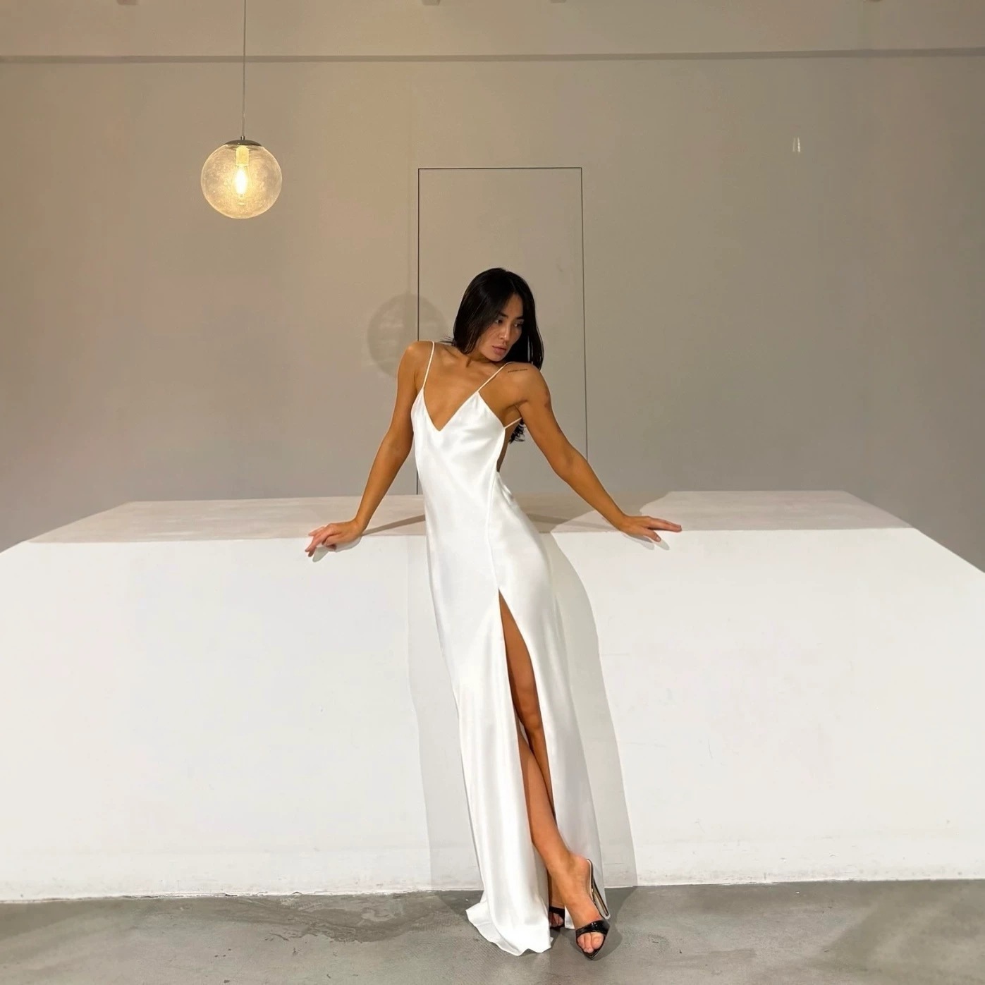 White Satin Maxi Evening Dress - Elegant Satin Evening Gown Split review and price