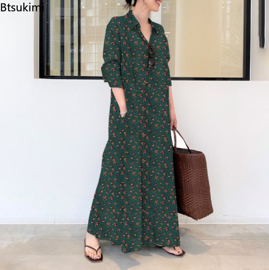 New Women's Print Long Style S - Casual Loose Linen Shirt Dress review and price