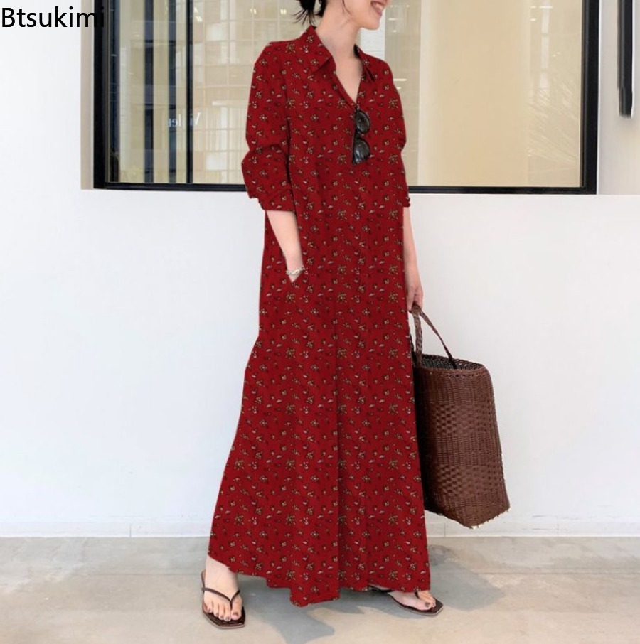 New Women's Print Long Style S - Casual Loose Linen Shirt Dress review and price