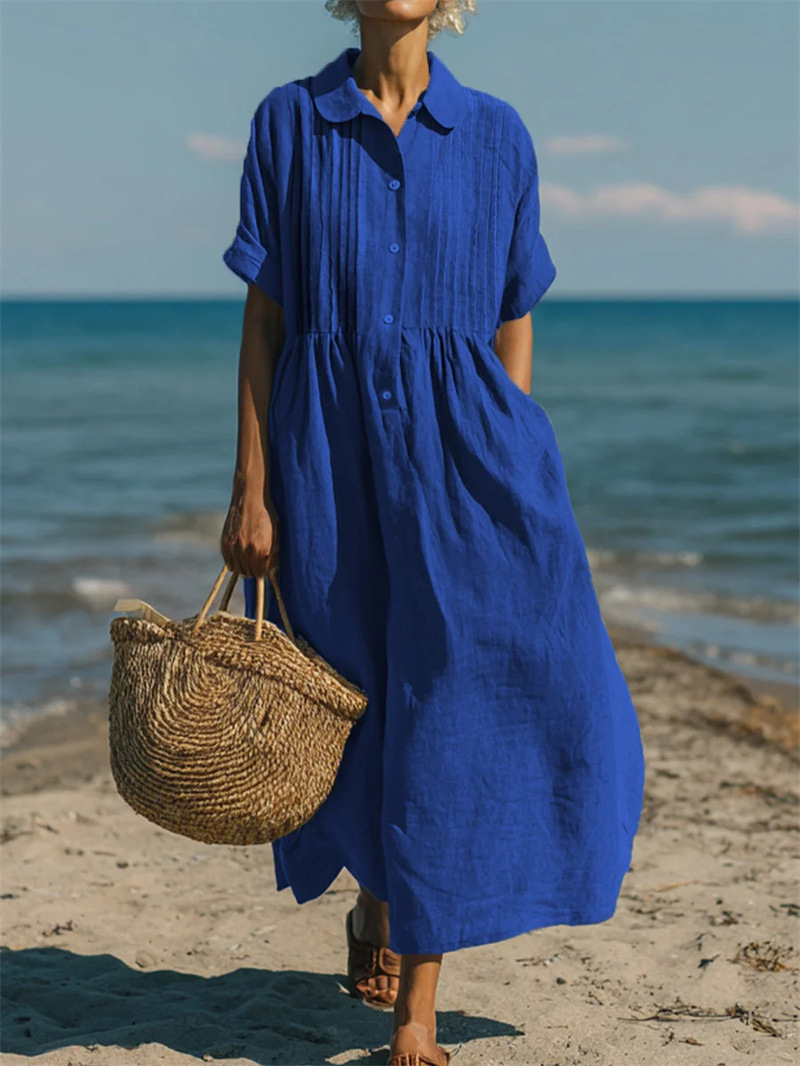 Women Lapel Collar Button Down - Casual Loose Linen Shirt Dress review and price