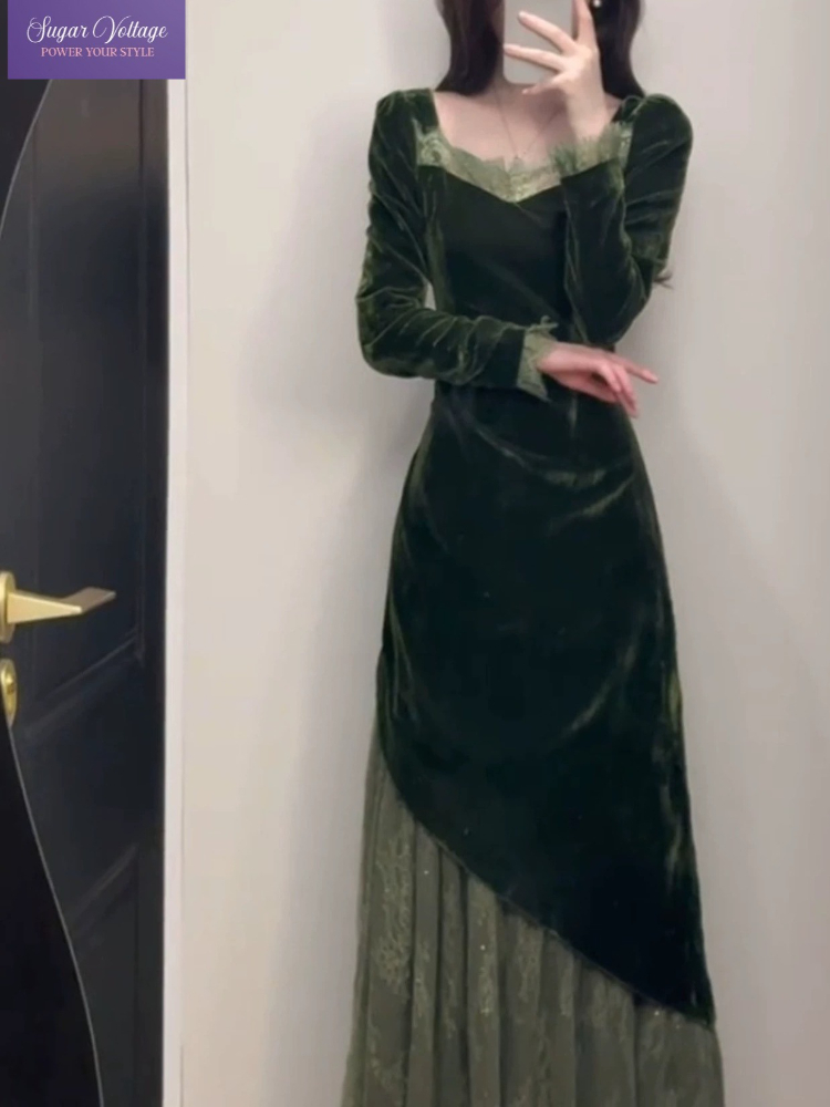 French Vintage Elegant Velvet  - French Vintage Floral Midi Dress review and price