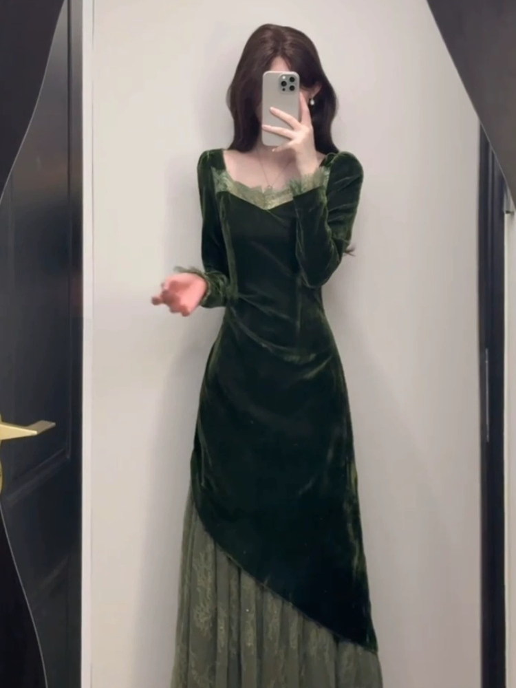 French Vintage Elegant Velvet  - French Vintage Floral Midi Dress review and price